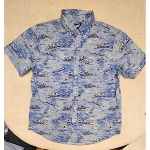 Lands End Men's Traditional Fit Shirt Large 16-16 1/2"‎  Blue wave Print Beach